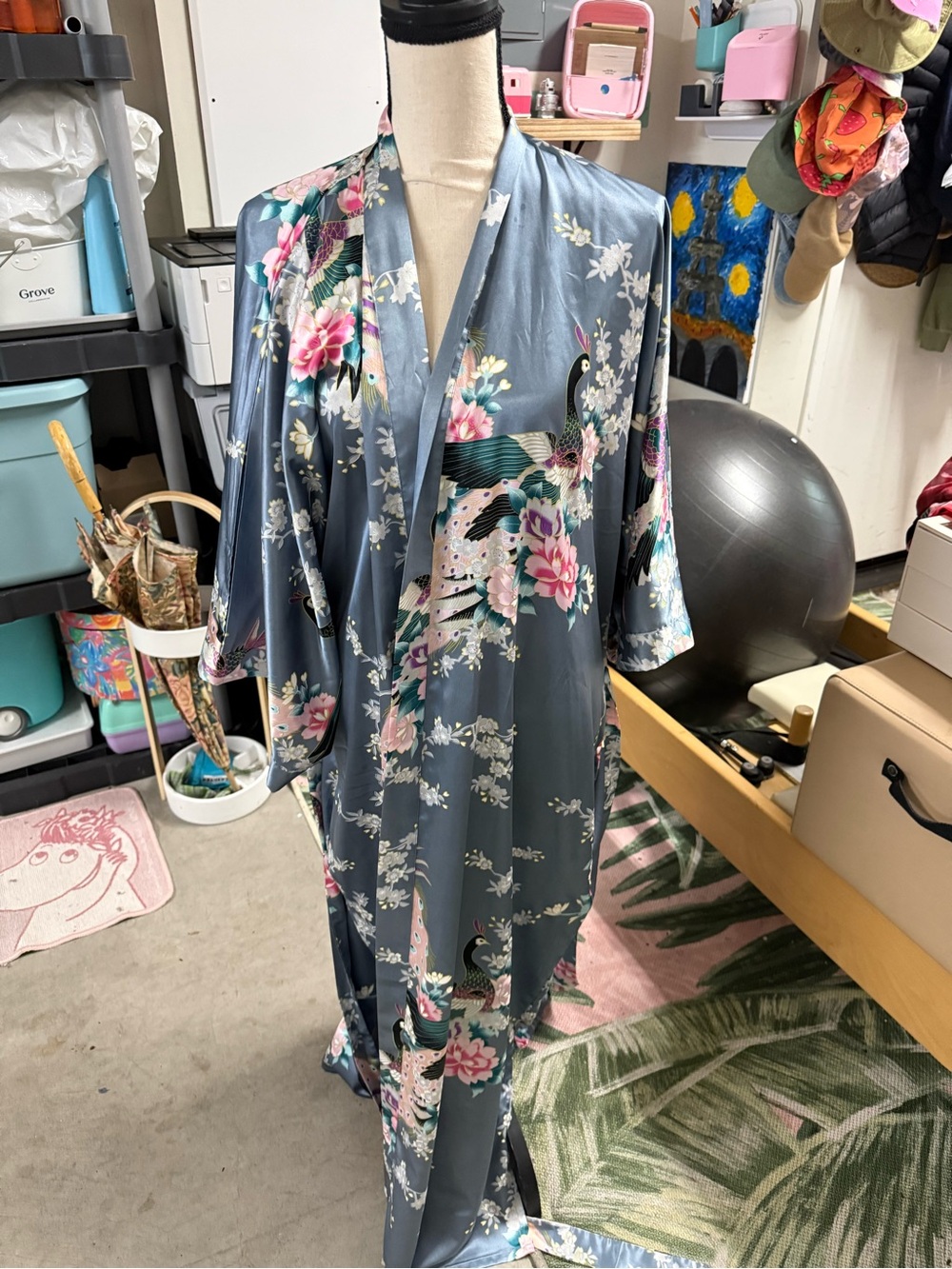 Floral Slate Blue Satin Kimono Robe